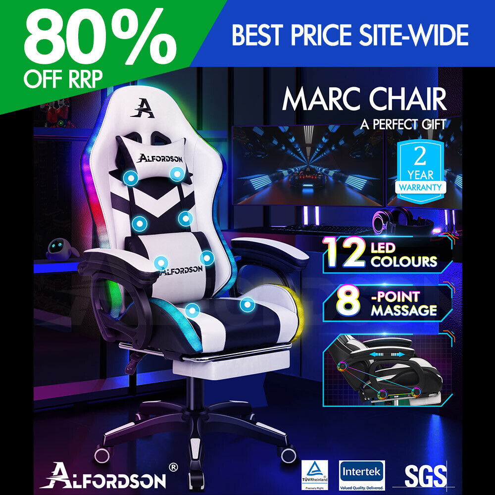 ALFORDSON Silla Gaming con Masaje y LED 12 Colores Silla Oficina Blanco...