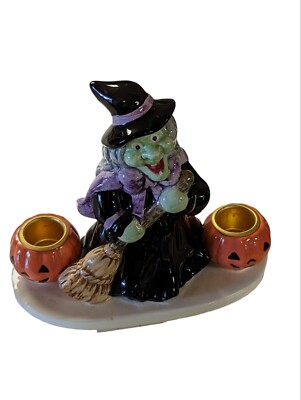 Fall Halloween Ceramic Witch Pumpkin Holds 2 Candles Stick Holders