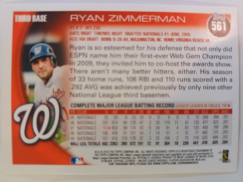 2010 Topps Baseball #561 Ryan Zimmerman - Picture 2 of 3