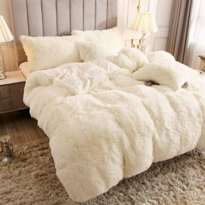 NEW!~ COZY ULTRA PLUSH & SOFT FLUFFY FUR FLUFFY IVORY WHITE LUXURY COMFORTER SET