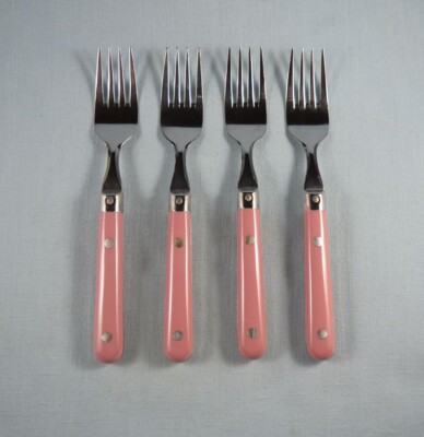 Carnival Wesley Stainless Korea Plastic Handles Rivets PINK 4 Salad Forks 6 5/8''