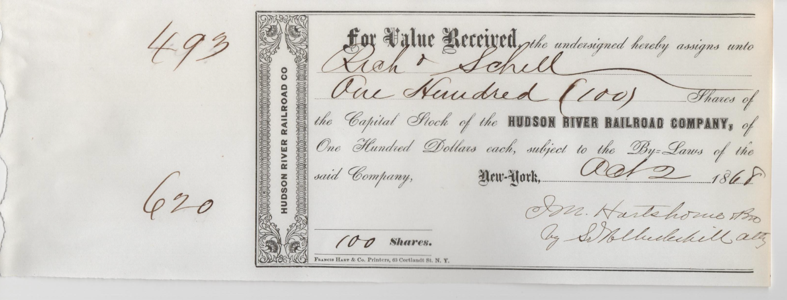 Hudson River Railroad company stock certificate 1868 original