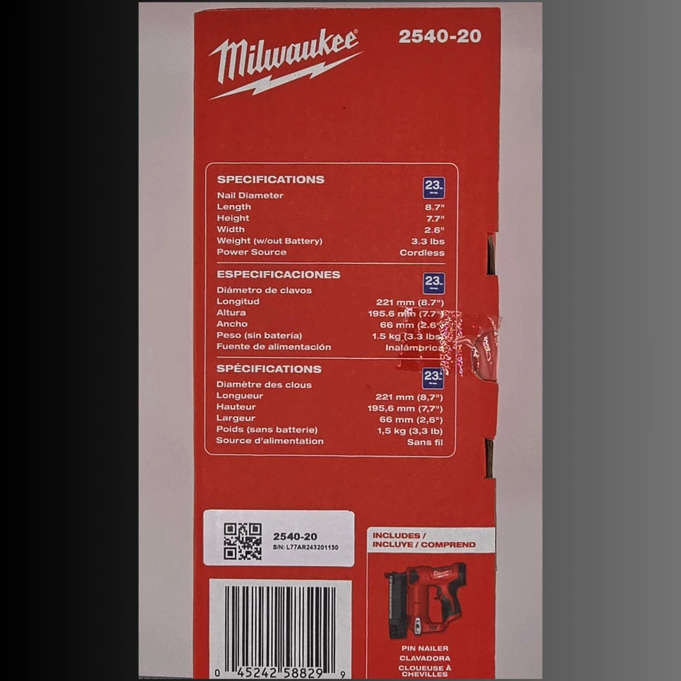 Milwaukee M12 2540-20 23 Gauge Compact Cordless Pin Nailer 12V -Tool Only SEALED - Image 3 of 3
