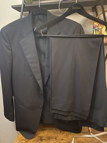 Armani Collezioni Suit Stripe Black Wool 2 Button Italy  Size 40 R Jacket Pants - Picture 1 of 7