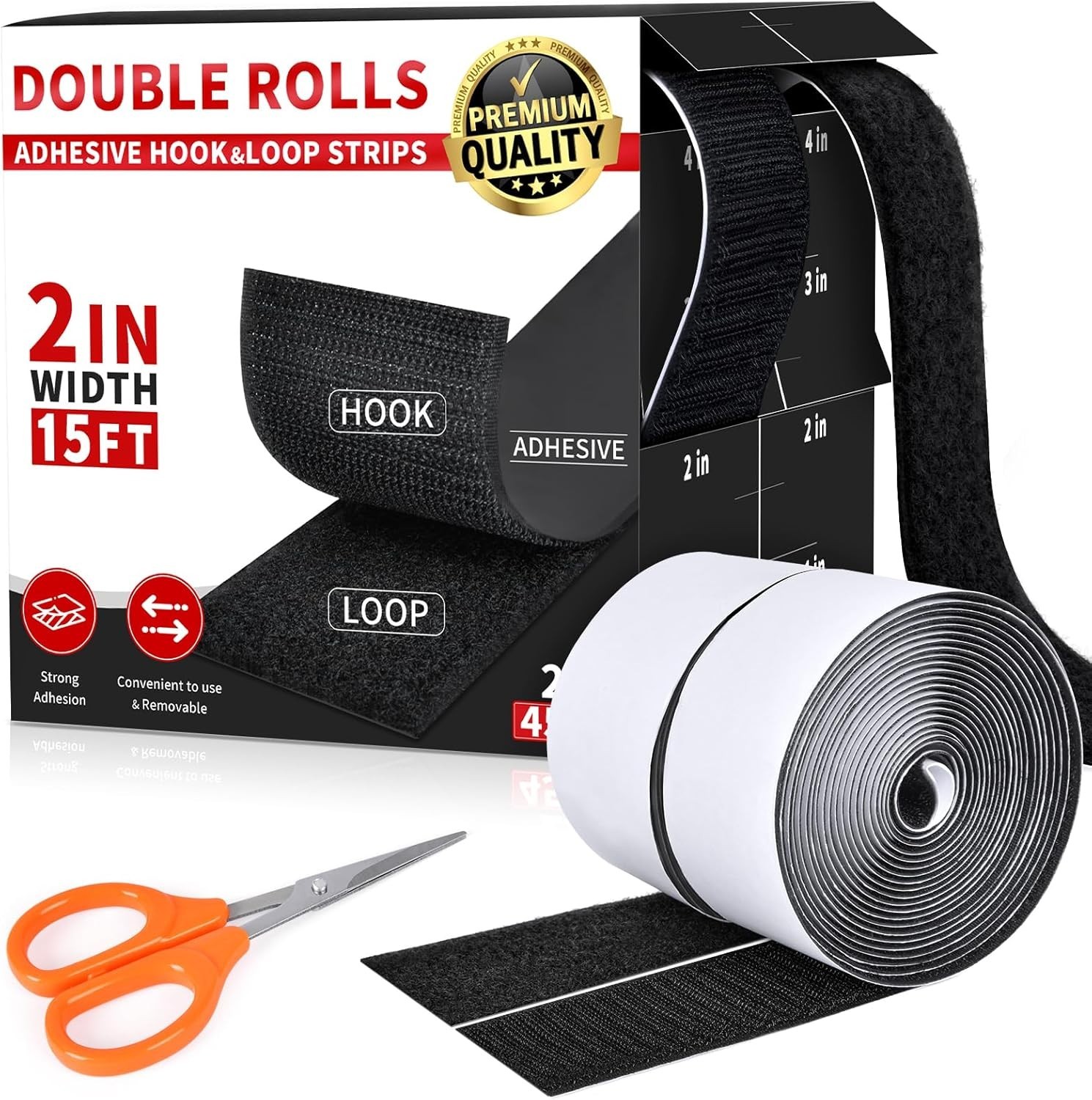 Industrial Strength Hook Loop Tape 15 Ft x 2 In Heavy Duty Adhesive Black Roll-image