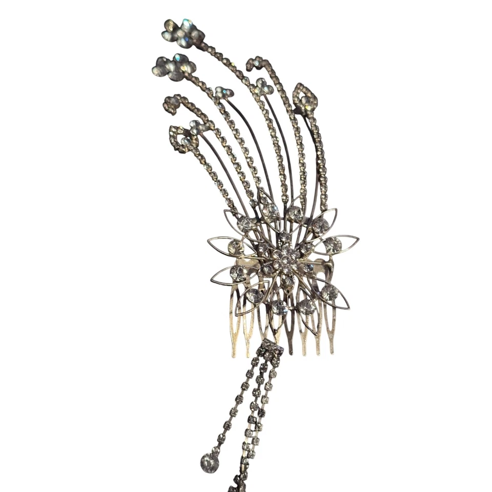Vintqge Large Rhinestone hair comb wedding formal floral 6in missing one stone - Image 4 of 4