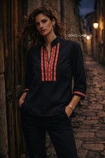 Dolce & Gabbana Embroidered Tunic Top – Black with Red Trim – Made in Italy SZ M