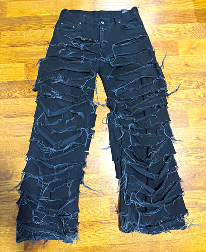PARADOXE Paris Men's Black Wide-Leg Distressed Denim Jeans High Rise 5-Pocket