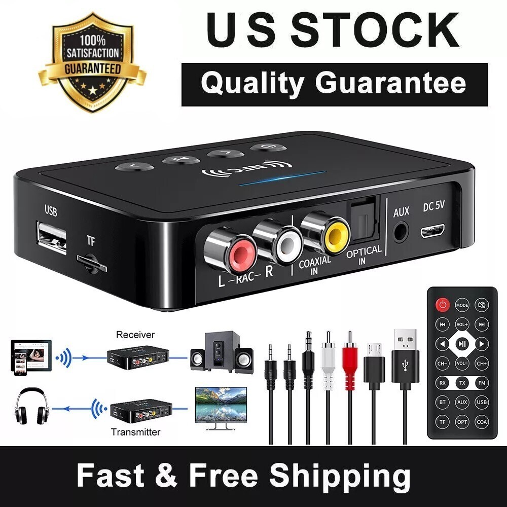 NFC Bluetooth 5.0 Transmitter Receiver with 3.5mm AUX to 2 RCA Wireless Audio Adapter