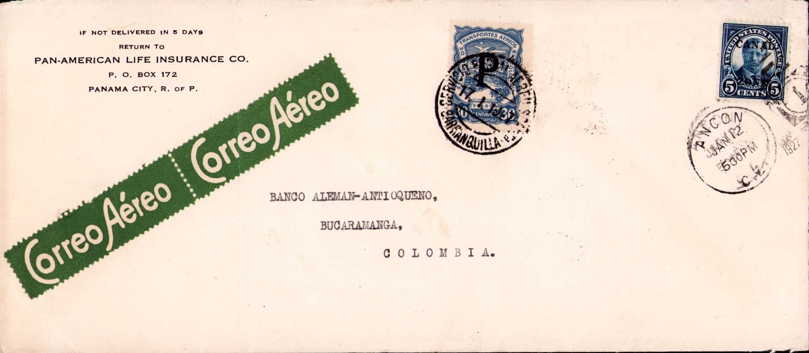 CANAL ZONE - PANAMA - COLOMBIA - SCADTA - 30c CONSULAR COVER - ANCON - 1927 RR