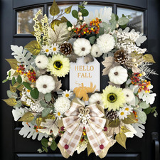 24'' Fall Wreaths for Front Door with Lights and Timer, Farmhouse