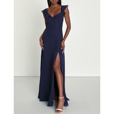 NWT Lulus Women's S Sweetest Entrance Navy Blue Ruffled Tie-Back Maxi Dress