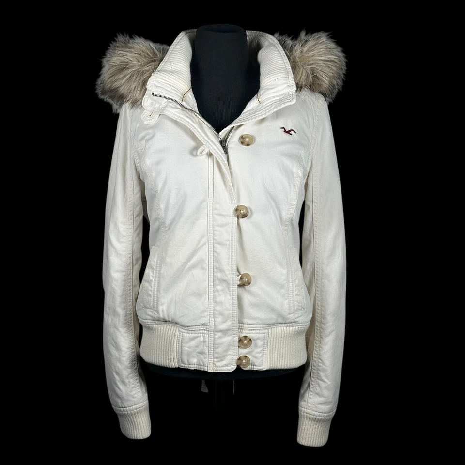 VTG Hollister Faux Fur Lined Bomber Jacket Y2K Beige Puffy Sherpa Hooded Large - Image 2 of 4