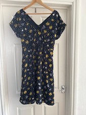 Ladies Size 12 Yellow Floral White Polka Dot Dress Tie Louche V Neck Preowned GC