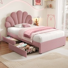 Image of 3ft Single Upholstered Bed Frame with 2 Storage Drawers, Slats, Headboard, Pink