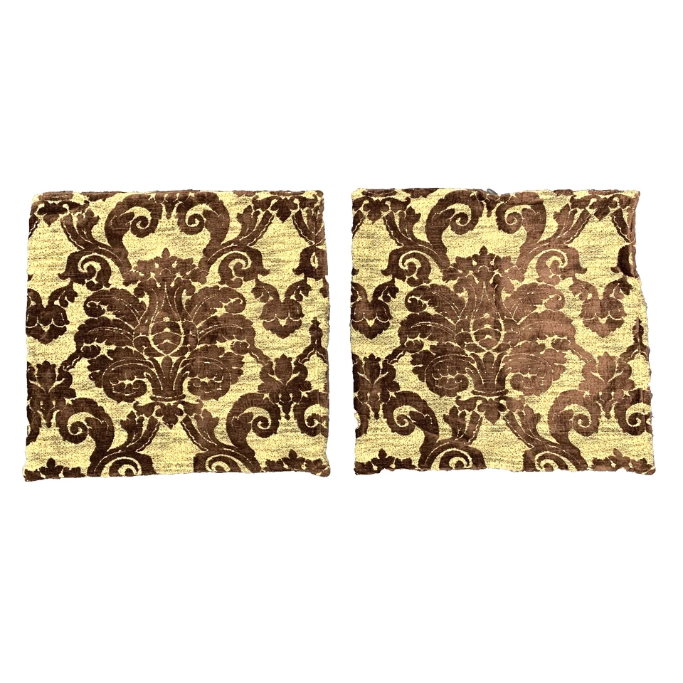 2 Damask Brocade Throw PILLOW COVERS 17" Square Cream Brown Luxury Victorian - Image 2 of 4