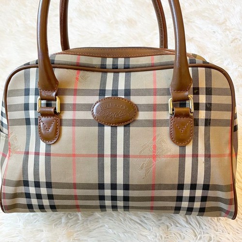 Burberrys Mini Boston Bag Beige Check Canvas Leather Laurel Logo Handbag Brown