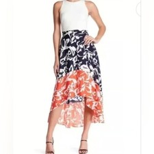 Vince Camuto Colorblock Floral Maxi Dress Navy Orange Size 10 Resortwear 