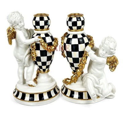 MacKenzie-Childs Set of TWO Courtly Check Noel Cherub Candle Holders New No Box