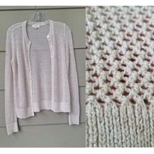 LOFT Open Knit Crochet Classic Cardigan Sweater Cream Oatmeal Gold Cotton Size S