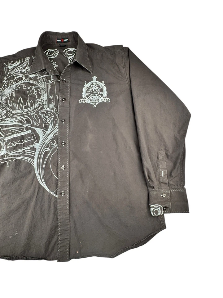 Camisa Y2K ARTFUL DODGER Marrón Bordada Con Botones Manga Larga Para Hombre Talla 2XL Foto 3 de 4