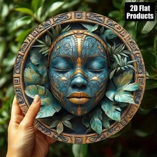 2D Flat, 8x8inch Piece African Tribal Mask Theme Round Aluminum Metal Decorative