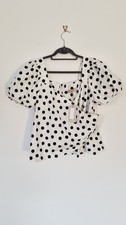 Coast White And Black Polka Dot Wrap Style Top Puff Sleeves Cotton Size 18 NWT