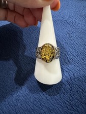 Vtg Sterling Silver 925 Oval Amber Filigree Floral Flower Ring, Size 9.5
