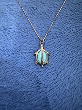 Vtg Sterling Silver 925 Blue Stone Turtle Pendant Necklace, 18 Long