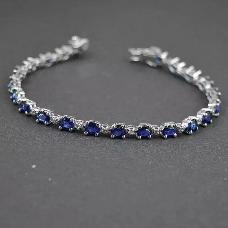 6Ct Blue Oval Cut Lab-Created Diamond Women Chain Bracelet 14K White Gold Plated - Image 2 of 4