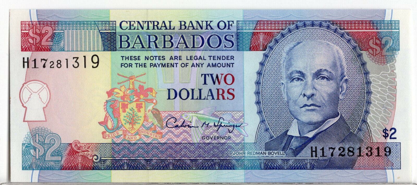 Central Bank of Barbados $2 Two Dollars P46 UNC 