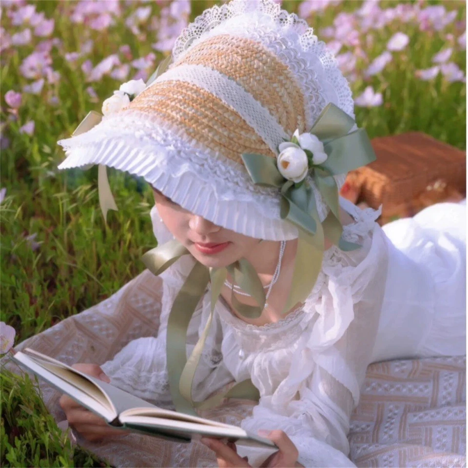 Victorian Women Poke Bonnet Hat with Florals Classic Lolita Straw Hat Tea Party - Image 4 of 4