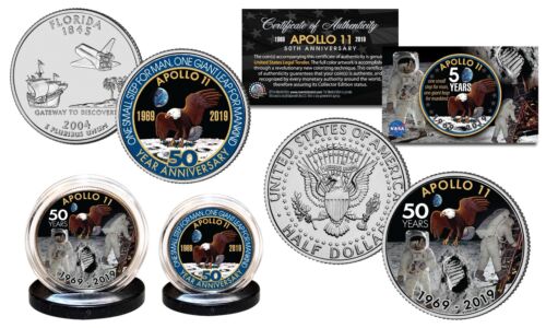 Apollo 11 Space 50th Anniv. Man on Moon 2-Münzen-Set Florida Quartal & JFK halber Dollar - Bild 1 von 3