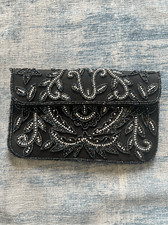 Black Silver Iridescent Floral Beaded Fold Over Magnetic Closure Clutch Bag