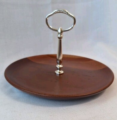 VTG MCM Mid Century Kromex Round Serving Tray Wooden With Silver Handle 8.5''