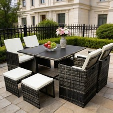 8Seater Dark Grey Rattan Garden Corner Sofa Set with Glass Table Cushion Outdoor