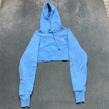 VTG Champion Reverse Weave Cropped Cut-Off Hoodie Womens XS Blue Logo Drawstring