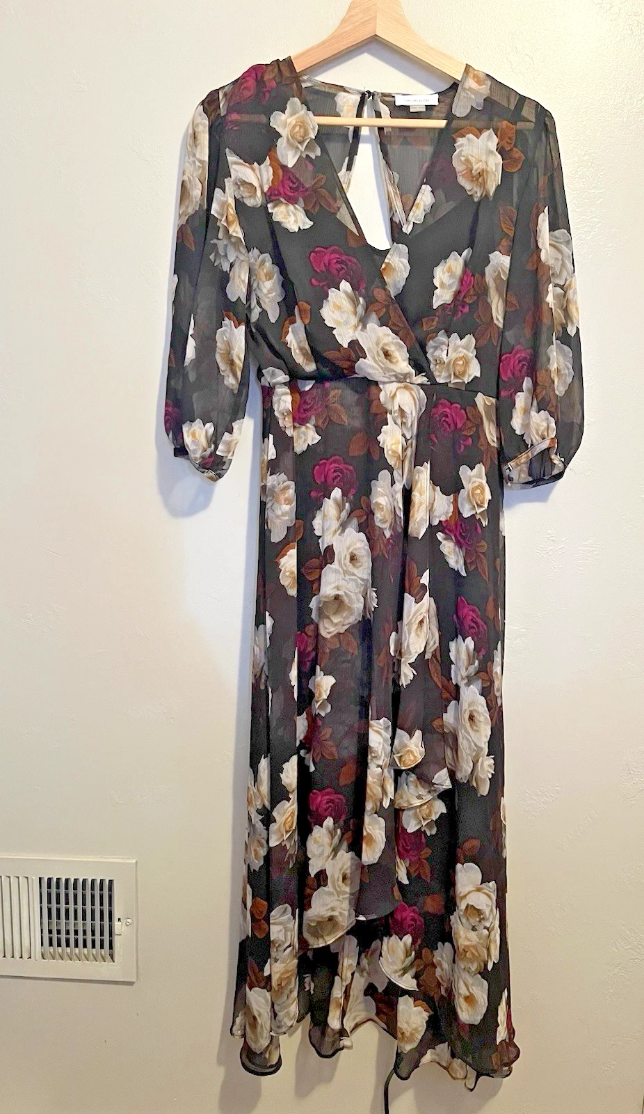 VETEMENTS Abito Calvin Klein nero floreale alto basso finto avvolgente foderato zip taglio schiena taglia 6