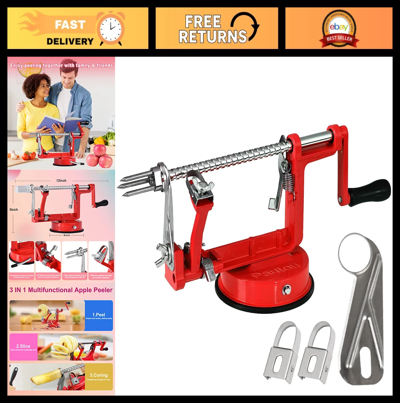 3-in-1 Apple Peeler Slicer Corer - Heavy Duty Stainless Steel with Suction Base
Opens in a new windo