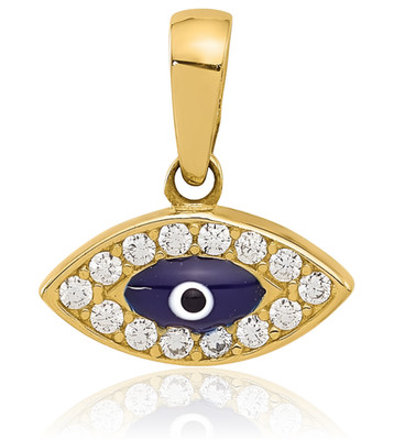 14K Solid Yellow Gold Cubic Zirconia Petite Hamsa Evil Eye Pendant Necklace