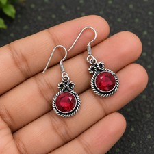 Garnet Round Dangle Earrings 925 Sterling Silver Rope Bezel Handmade Boho Women