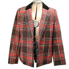Kasper Plaid Open Front Blazer Velvet-Collar Pockets Lined Red Black White 10