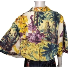 Vintage 100% Silk Baroque Rococo Lotus Floral Tiki Island Pagoda Horses Blouse