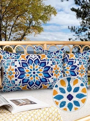 Outdoor Waterproof Pillow Covers Abstract Blue Yellow 20" x 12" (Pack of 2) - Image 2 of 4