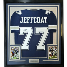 FRAMED Autographed/Signed JIM JEFFCOAT 33x42 Dallas Blue Jersey JSA COA Auto