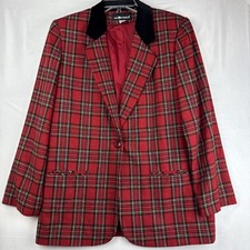 Sag Harbor Size 12 Velvet Collar Wool Blend Red Plaid Blazer Academia