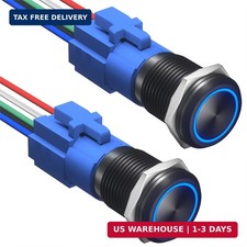 2PCS 16mm Push Button Switch 12V DC Latching On/Off Waterproof LED, Blue Pre-W