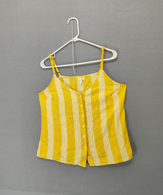Treasure & Bond Tank Top Womens Medium Yellow White Striped Button Linen Rayon
