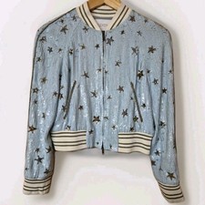Valentino Bomber Jacket Blue Silk Star Sequin Lined Italian Size US 6 UK 8