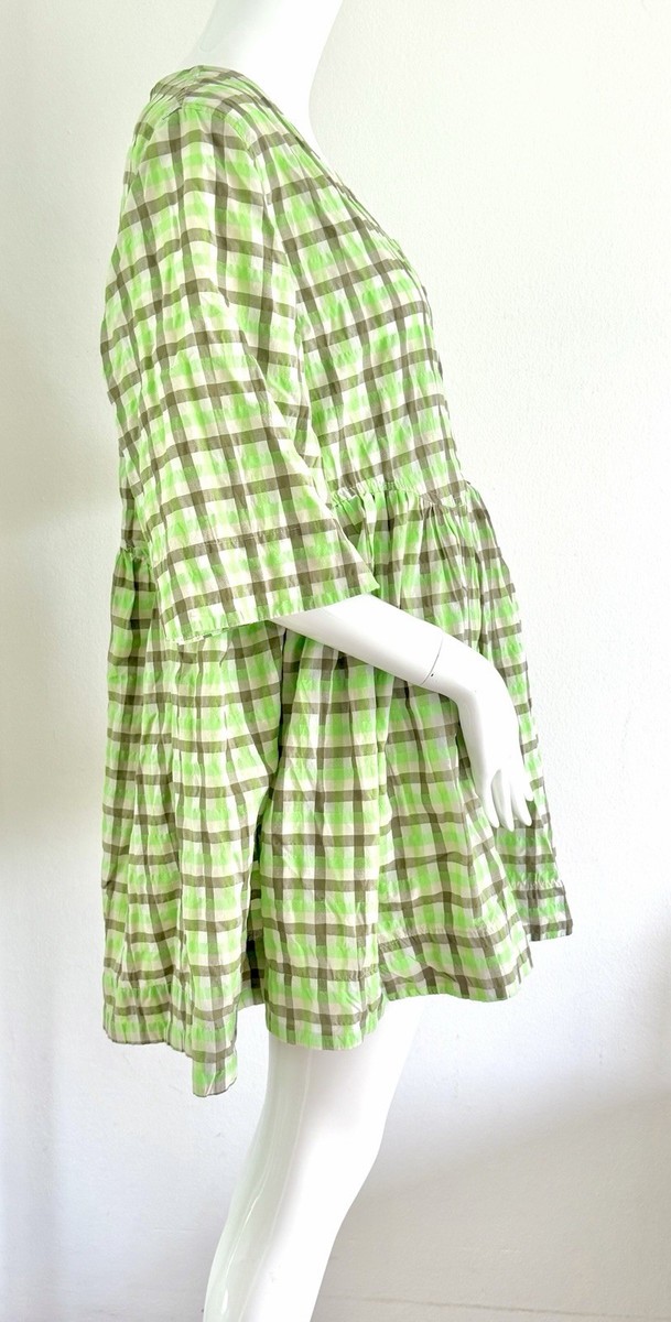ganni seersucker check dress green Ganni Seersucker Check V-Neck Mini Dress